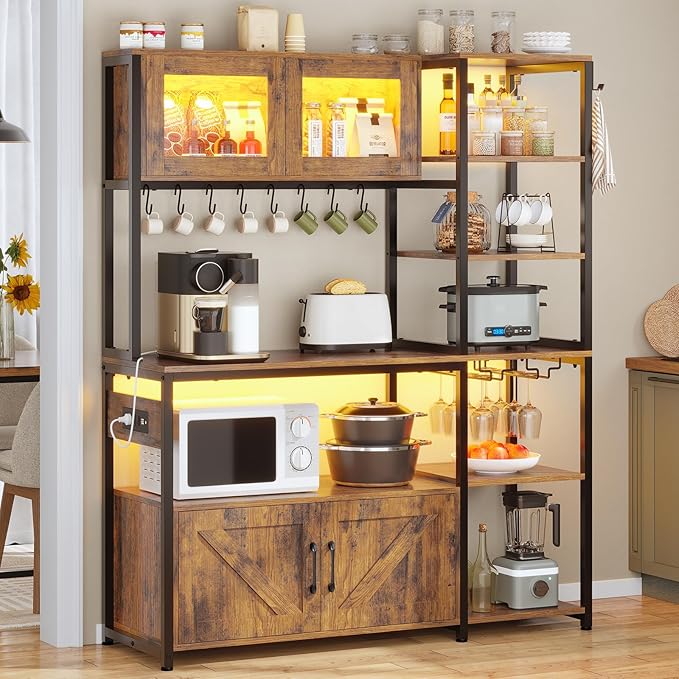 Itaar Bakers Rack with Power Outlet and LED Light, 45.3 Inch Farmhouse Coffee Bar Cabinet, Kitchen Microwave Stand with Storage, Glass Cabinet, Goblet Holder and 8 Hooks (Rustic Brown)
