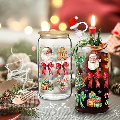Santa Claus Glass, 16 Oz Winter Iced Coffee Glass with Straw and Lid, Perfect for Christmas and Holiday Celebration Decorations (One)