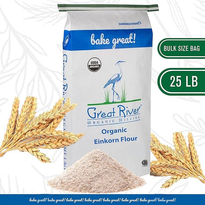 Great River Organic Milling Organic Einkorn Flour | Ancient Whole Wheat Flour | Non-GMO, Kosher, High-Protein | Nutrient-Rich, Healthier All-Purpose Flour Alternative for Baking | 25 Lb (Pack of 1)