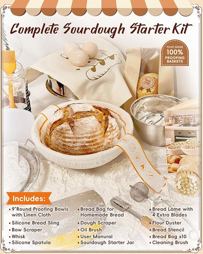 Complete Sourdough Starter Kit | Easy to Clean & Use for Beginners & Bakers | Natural Rattan Proofing Basket with Full Accessories | Sourdough Bread Baking Supplies for Bakers Women Wife