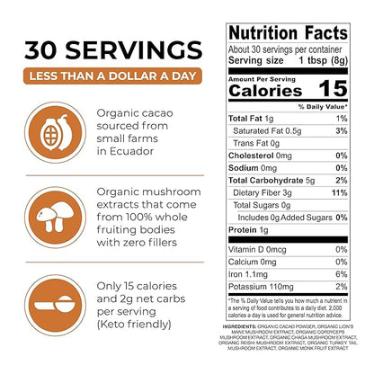 Inner Elevate Mushroom Hot Chocolate Superfood - Ceremonial Cacao with 5 Mushrooms (Lion's Mane, Cordyceps, Chaga, Reishi, Turkey Tail) - Great as a Coffee Alternative, Hot Chocolate, or Smoothie (30 Servings)