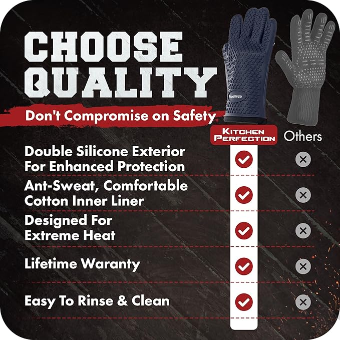 Kitchen perfection XL Silicone Smoker Oven Gloves-Extreme Heat Resistant BBQ Gloves-Handle Hot Food Right on Your Grill Fryer&Pit|Waterproof Grilling Cooking Baking Mitts|Superior Value Set+3 Bonuses