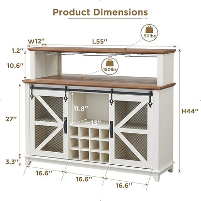 OKD Farmhouse Coffee Bar Cabinet with LED Lights, 55" Wine Bar Cabinet w/Sliding Barn Door & Wine and Glass Rack, Kitchen Buffet Cabinet w/Storage Shelves for Dining Room,Antique White