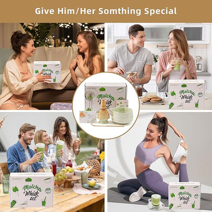 5pcs Premium Matcha Set,Ceramic Bowl with Spout and Bamboo Whisk set, Ceremonical Matcha Kit for breakfast/latte,Tea Starter Making Kit,Unique Matcha Gift set (green)