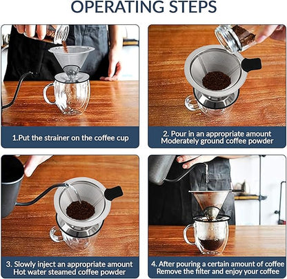 Pour Over Coffee Dripper-Stainless Steel Coffee Filter,Reusable Drip Cone Coffee Filter Portable Pour for 1-4 Cup (With Silicone Ring, L)