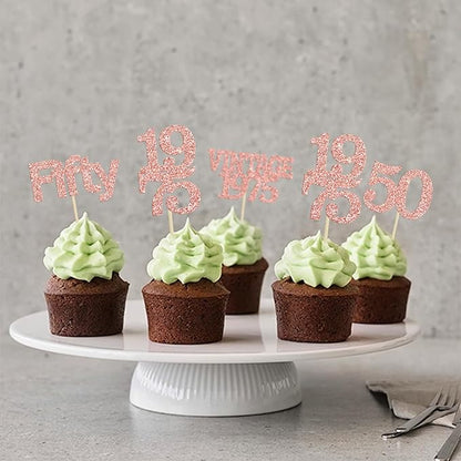 Gyufise 24Pcs 50th Birthday Cupcake Toppers Cheers to 50 Fabulous Fifty Vintage 1975 Cupcake Picks 50th Birthday Wedding Anniversary Party Cake Decorations Supplies Rose Gold