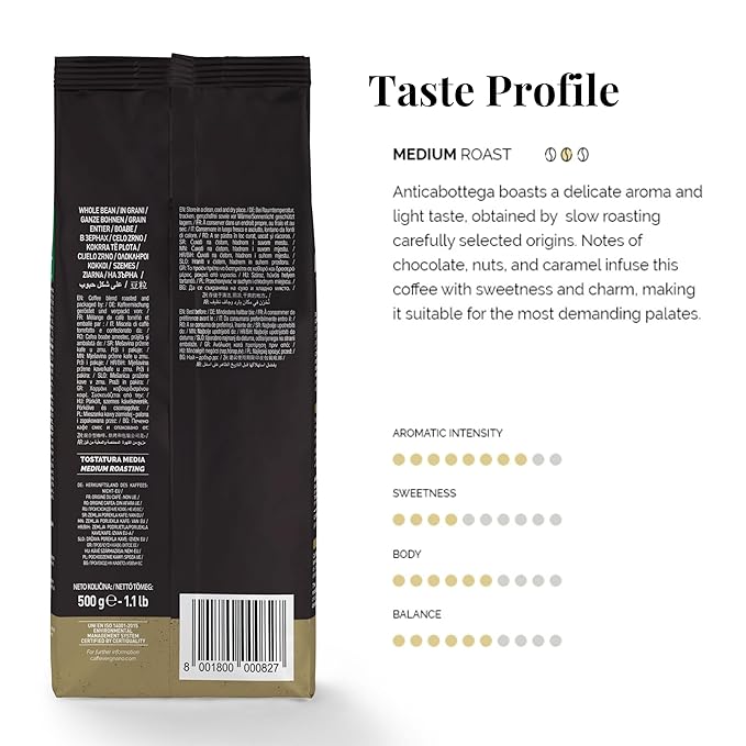Caffe Vergnano 1882 Granaroma, Espresso, & Antica Bottega Whole Bean Arabica Medium Espresso Roast Coffee, 1.1lbs Bag - Italian Coffee Beans -500g Bag (3 Pk)