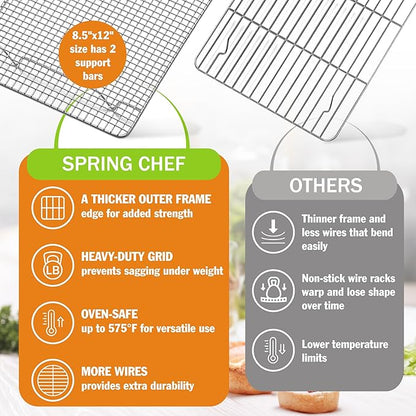 Spring Chef 8.5" x 12" Stainless Steel Cooling Racks, Wire Rack for Baking Sheet - Fits Small Quarter Sheet Pan - Perfect for Cooking, Baking, Grilling, Smoking - Dishwasher Safe - Set of 2