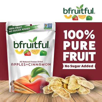 bfruitful Freeze-Dried Apple + Cinnamon, Freeze Dried Fresh Fruit Bites, Gluten Free, Vegan, Dairy Free, Kosher, No Sugar Added, Non GMO, Healthy Snacks, 0.56 oz Single-Serve Snack Packets, 12 Pack