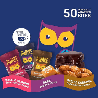 AWAKE - Caffeinated Chocolate Bites - USA Variety Pack (3 Flavors) 50 Bites - Dark, Salted Caramel, & Salted Almond - 50mg Caffeine - Coffee Alternative - Fairtrade - Gluten-Free - Non GMO - 0.48oz