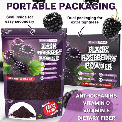 Freeze Dried Balck Raspberry Powder - 100% Black Raspberry Extract Fruit Powder for Smoothies, Made from Whole Raspberries No Additive Natural Food Coloring for Baking, Cake Decoration - 4oz
