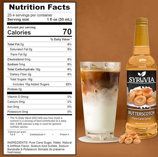 Syruvia Butterscotch Coffee Syrup - 25.4 fl oz. Kosher and Gluten-Free. Perfect for Enhancing Drinks, Sodas, Shakes, Desserts, and More.