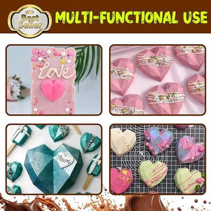 Mini Diamond Heart Shaped Chocolate Mold 15 Holes 3D Heart Candy Molds Silicone Mini Silicone Baking Pan - 4 Pack