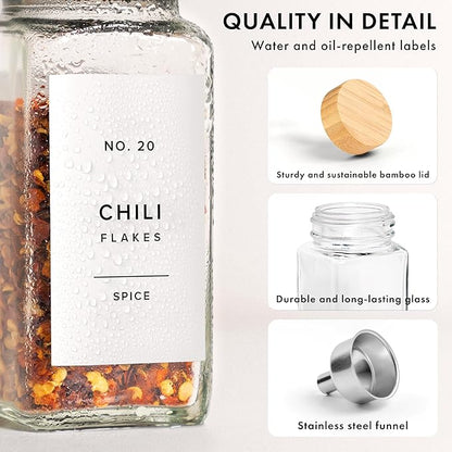 Square Spice Jars with Bamboo Wooden Lid (Pack of 24) Spice Jars with Shaker Insert and 240 Labels - Bamboo Lid Glass Container for Spice Organisation [4.3 in × 1.8 in]