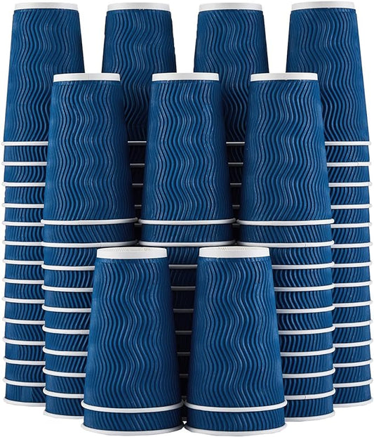 Lamosi 16 oz Coffee Cups - 90 Pack, Disposable Insulated Corrugated Paper Cups 16oz, Kraft Ripple Wall Cups for Hot Beverage or Cold Drinks (Navy)