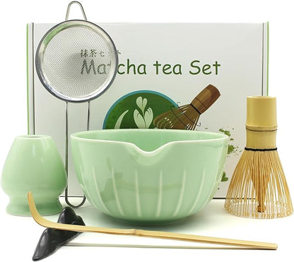7 Pieces Matcha Whisk Set - Ceramic Matcha Kit with Bowl, Whisk, Holder, Bamboo Scoop, Rest, Sifter, and Tea Towel – Elegant Matcha Gift Set for Women