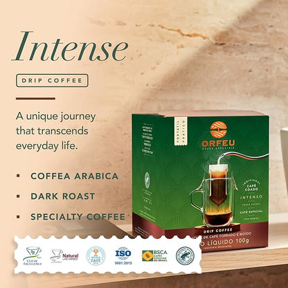 ORFEU - Special Coffee Intense - Drip Sachet - 100% Arabica Coffee, Dark Roast, Aroma of Toasted Caramel & Fruit Jam, Low Acidity, Made In Brazil, Velvety Body - 10 Units, 100g