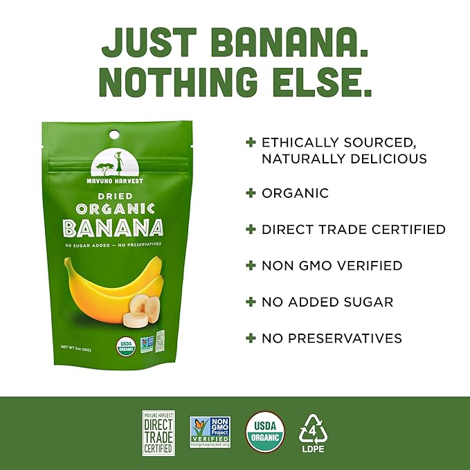 Mavuno Harvest Dried Banana Chips Fruit Snacks | Organic Dried Banana | Healthy Snacks for Kids & Adults | Unsweetened Banana Chips | Gluten Free Snack | Vegan, Non GMO, Direct Trade | 2 Oz, Pack of 6