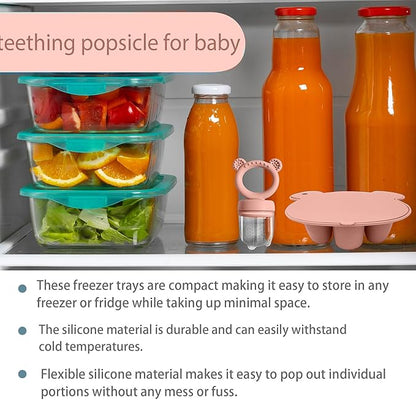 Silicone Baby Food Freezer Tray with Teething Popsicle Molds - Baby Fruit Feeder and Breastmilk Teether Combo