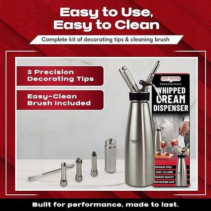 Chef Master (1 Pint / 0.5 Liter) Stainless Steel Whipped Cream Dispenser - Decorating Tips for Desserts, Latte + Cleaning Brush - Whip Cream Dispenser Canister for Home, Bakery or Restaurant - 90078