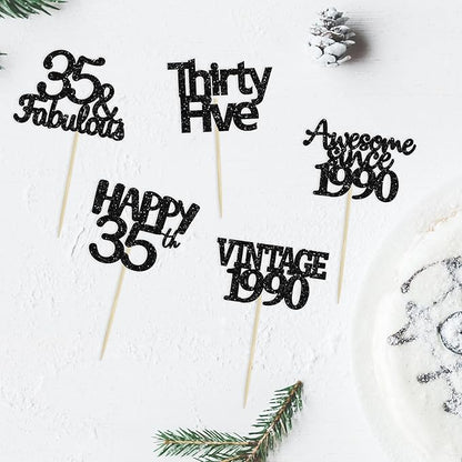 Gyufise 30 Pack Vintage 1989 Cupcake Toppers Black Glitter Thirty Five Happy 35 Cake Decorations Cheers to 35 Years Birthday Cupcake Picks 35th Birthday Anniversary Cake Decorations