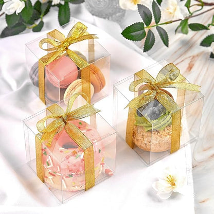 JOERSH 3x3x3 Inches Clear Favor Boxes for with Gold Gift Ribbons 30 PCS Transparent Plastic 3 Inch Mini Cube Gift Packaging Box for Party favors, Treats and Minigifts