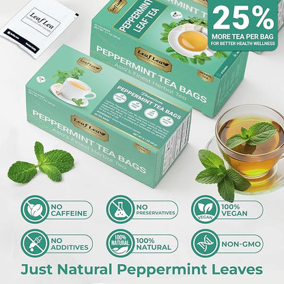 LeafLea 40 Peppermint Tea Bags, Natural Peppermint Leaf Herbal Tea with Cool Taste, Te De Menta for Gentle Digestive Support, Te De Hierba Buena, Caffeine-Free, Sugar-Free, Vegan, Individually Wrapped