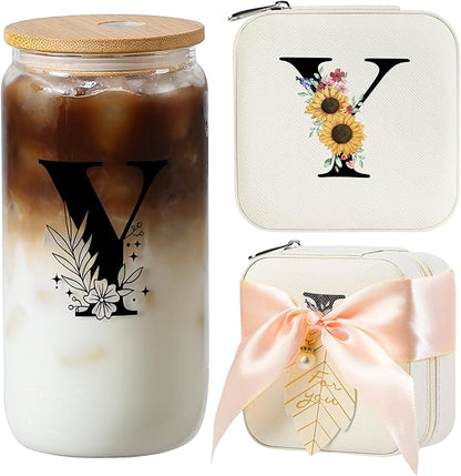 AYGXU Travel Gifts for Women,16oz glass cups with lids and straws,mom birthday gifts,aesthetic cups,coffee cups,travel jewelry case organizer,Travel Essentials Small Jewelry Box,Initial Y white