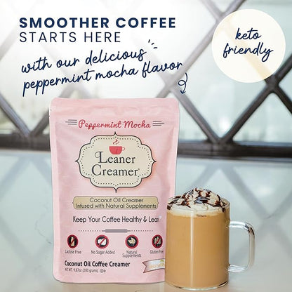Leaner Creamer Non-Dairy Sugar Free Coffee Creamer Powder. Perfect Coconut Oil Non-Dairy Powder To Naturally Cream and Sweeten Coffee, Smoothies, Protein Shakes & More! Ideal Flavoring For All Diets 9.87 oz Pouch PEPPERMINT MOCHA