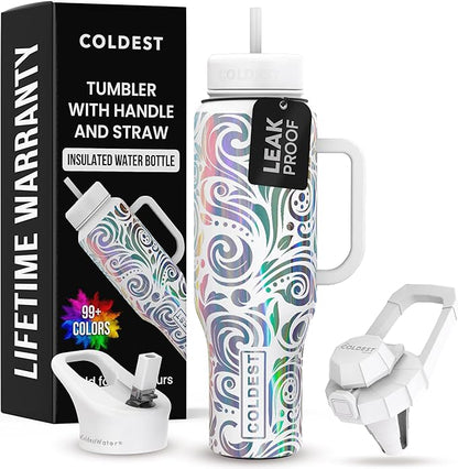 Coldest 40 oz Tumbler with Handle and Straw, 100% Leak Proof Insulated Tumbler with Lid and Straw (3 Lids), Stainless Steel Tumblers for Women & Men, Cup Holder Friendly, 46 oz (Snowstorm Spiral)