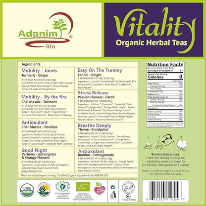 Adanim Bio Vitality Organic Tea Sampler Gift Set Box (8 Flavors Herbal Tea Variety Pack, 64 Individual Tea Bags) Caffeine Free Tea Sets, Assorted Tea Set, Tea Gifts for Tea Lovers