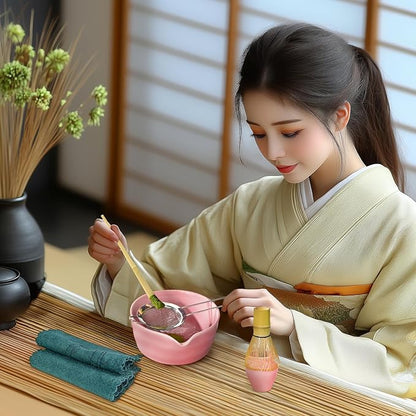 Matcha Set, 9 Pcs Japanese Matcha Whisk Set Matcha Tea Set for Traditional Tea Ceremony, Ceramic Matcha Kit for Matcha Drinks Matcha Set Whisk and Bowl Gift for Starters & Matcha Lover, Pink