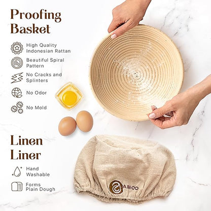Complete Sourdough Supplies with 9" Round Banneton Proofing Basket and 24oz Starter Jar - Beginner-Friendly Sourdough Bread Kit and Baking Gifts for Women, Men, and Bread Bakers