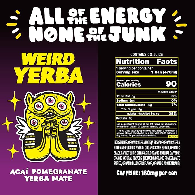 Drink Weird Organic Acai Pomegranate Yerba Mate – 16oz Cans, 160mg Organic Caffeine, Pack of 12 – Antioxidant-Rich Energy Drink Alternative