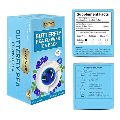 LeafLea 80 Butterfly Pea Flower Tea Bags, Natural Herbal Tea for Blue and Purple Drinks, Mocktails, and Food Coloring, Caffeine-Free, Sugar-Free, Non-GMO, Pack of 2
