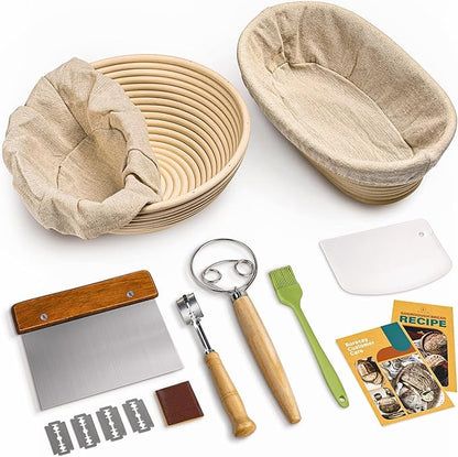 RORECAY Bread Banneton Proofing Basket Set, 9 Inch Round & 10 Inch Oval Cane Sourdough Baskets with Dough Whisk Bread Lame Dough Scraper Bowl Scraper Silicone Brush Sourdough Bread Baking Supplies