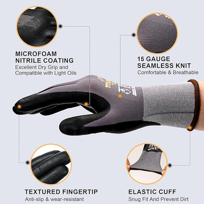 TitanFlex Work Gloves Microfoam Nitrile Coated Men Women, Safety Warehouse Gloves with Grip, Touchscreen, Seamless Knit Nylon