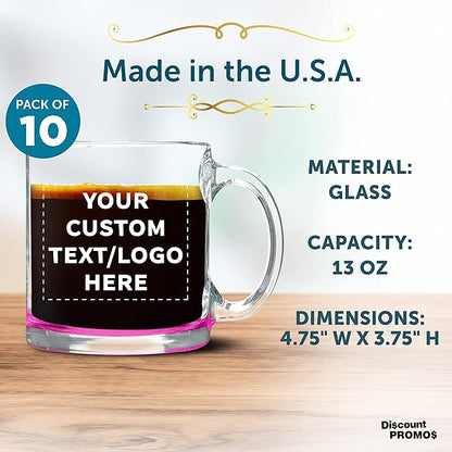 Custom Libbey Clear Glass Coffee Mugs 13 oz. Set of 10, Personalized Bulk Pack - Perfect for Coffee, Tea, Espresso, Hot Cocoa, Other Beverages - Pink Bottom