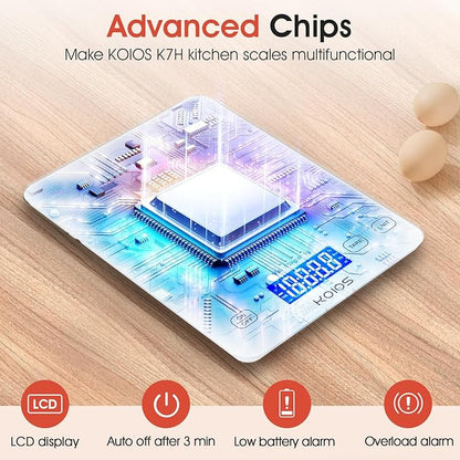 KOIOS Kitchen Scale, 33lb/15kg Digital Food Scales Weight in Grams and Ounces for Cooking Baking, 1g/0.1oz Precise Graduation, Batteries and Type-C Charging, Tare Function, LCD Display, White