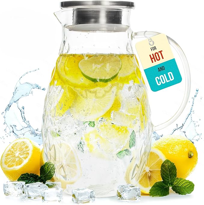 Glass Pitcher with Lid and Spout - 2 Liter / 68 oz, Borosilicate Glass w/Handle - Carafe for Hot/Cold Beverages - Water Jug - Iced Tea Pitcher - Juice Server - by PJC-Kitchen