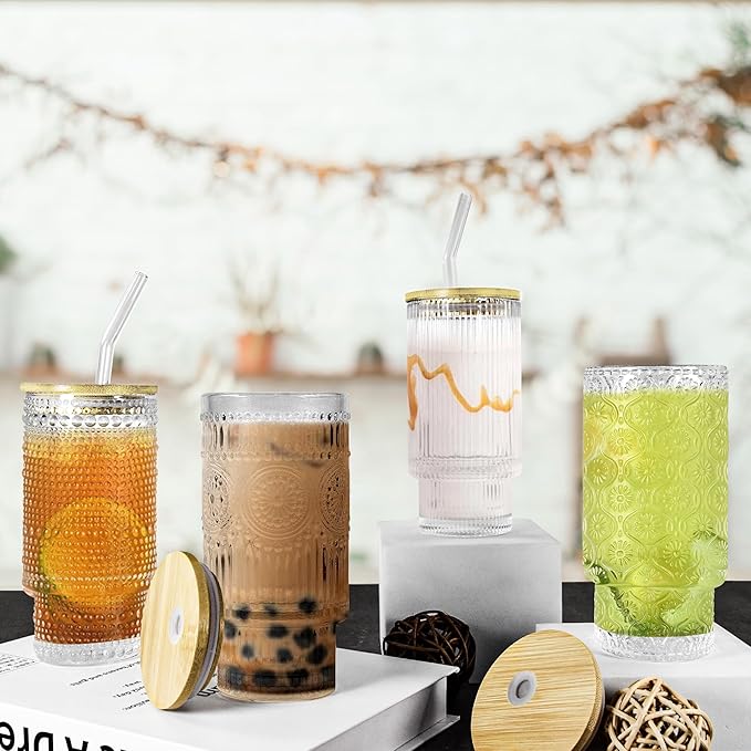 4 Pcs 16oz Drinking Glasses Cups Set with Bamboo Lids Straws Brush Begonia Vintage Glassware Set for Juice Iced Coffee Beer Cocktail Whiskey