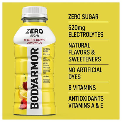 BODYARMOR ZERO Sugar Cherry Berry Lemonade, Sugar Free Sports Drink - Low-Calorie Hydration - Natural Flavors with Potassium Packed Electrolytes, Antioxidants, and B-vitamins,12 fl oz (pack of 8)