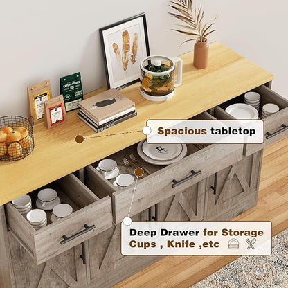 Vongrasig 53" Large Sideboard Buffet Cabinet With 4 Doors and 3 Drawers, Farmhouse Coffee Bar Kitchen Storage Cabinet, Wood Table for Kitchen, Dining Room, Ash Grey