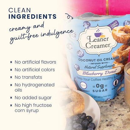 Leaner Creamer Coconut Creamer with Superfood Ingredients – Non-Dairy, Sugar-Free, Keto, Gluten-Free Powdered Coffee Creamer – Blueberry Donut – 280g