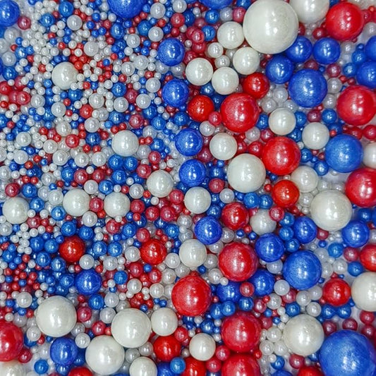 Edible Red & Blue & White Sugar Pearls Sprinkles Candy Mix Size Pearls Cake Decorations Cupcake Toppers Decorating Perfect for Wedding Party Valentine Christmas Supplies 4.58OZ