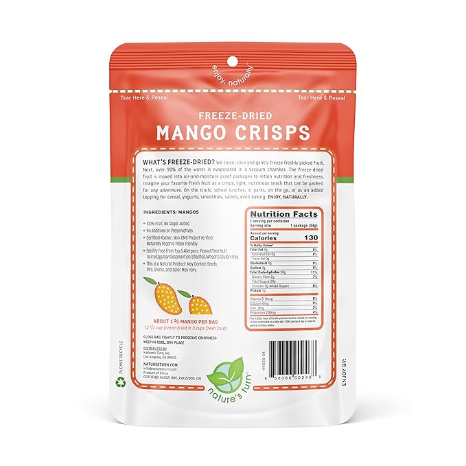 Nature’s Turn Freeze-Dried Fruit Snacks, Mango Crisps, Pack of 2 (1.2 oz Each)