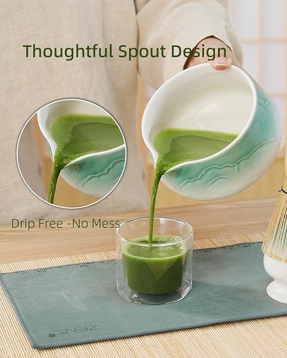 ZENS Matcha Whisk Set, Ceramic Matcha Set Includes Matcha Bowl, Matcha Whisk and Holder, Bamboo Scoop, Stainless Sifter & Tea Towel - 6Pcs Matcha Kit for Matcha Ceremony, Blue