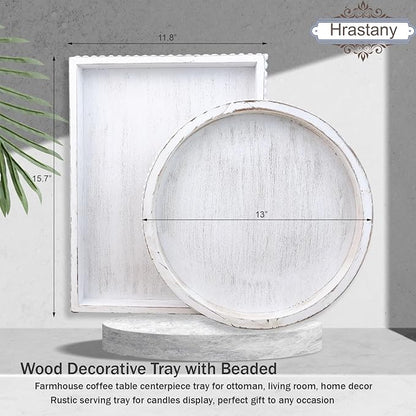 Wood Decorative Coffee Table Serving Tray, Farmhouse Rectangular Tray with Wooden Bead for Ottoman, Entertaining, Home Decor, 15.7”*11.8”*1.57” (Whitewashed)