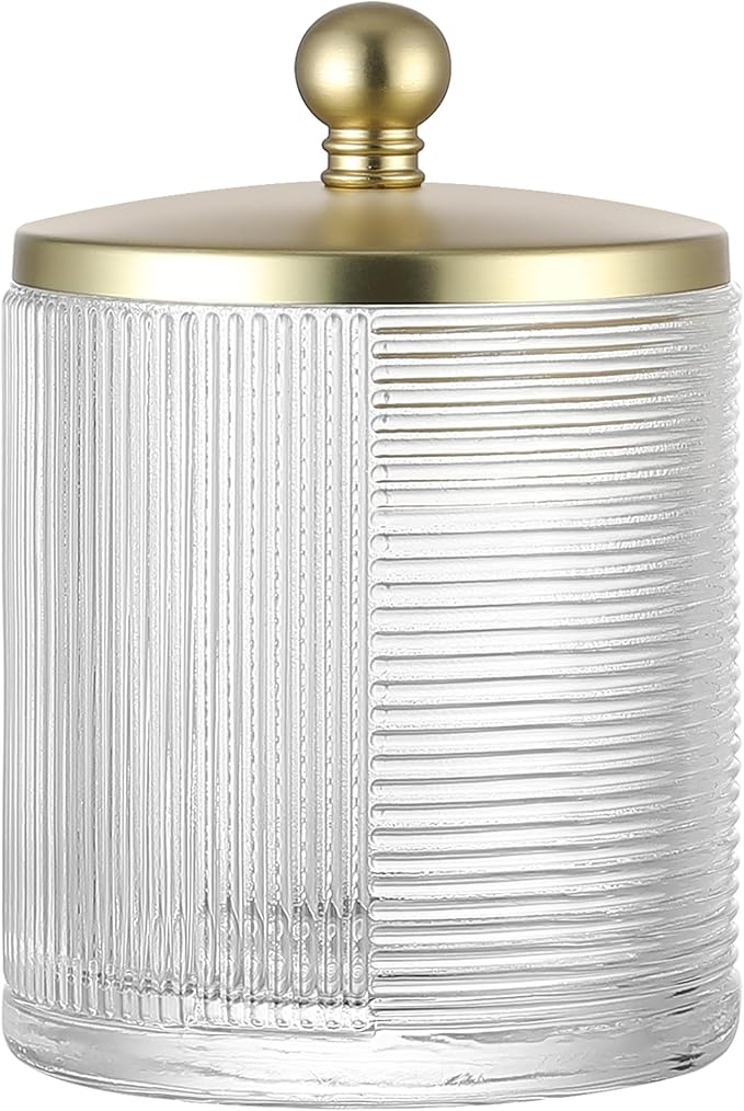 Glass Cotton Jar Holder Matte Gold Lid, Elegant Bathroom Storage Canister for Qtips, Cotton Balls, Floss, Makeup Organizer, Vanity Bathroom Organization
