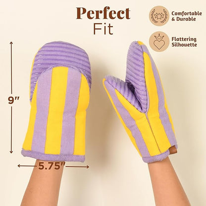 Folkulture Mini Oven Mitts Heat Resistant | (5.75x9) Set of 2 Purple Short Oven Mitts with Hanging Loop | 100% Cotton Oven Gloves or Kitchen Mittens | Small Oven Mitt Set or Yellow Silicone Oven Mit